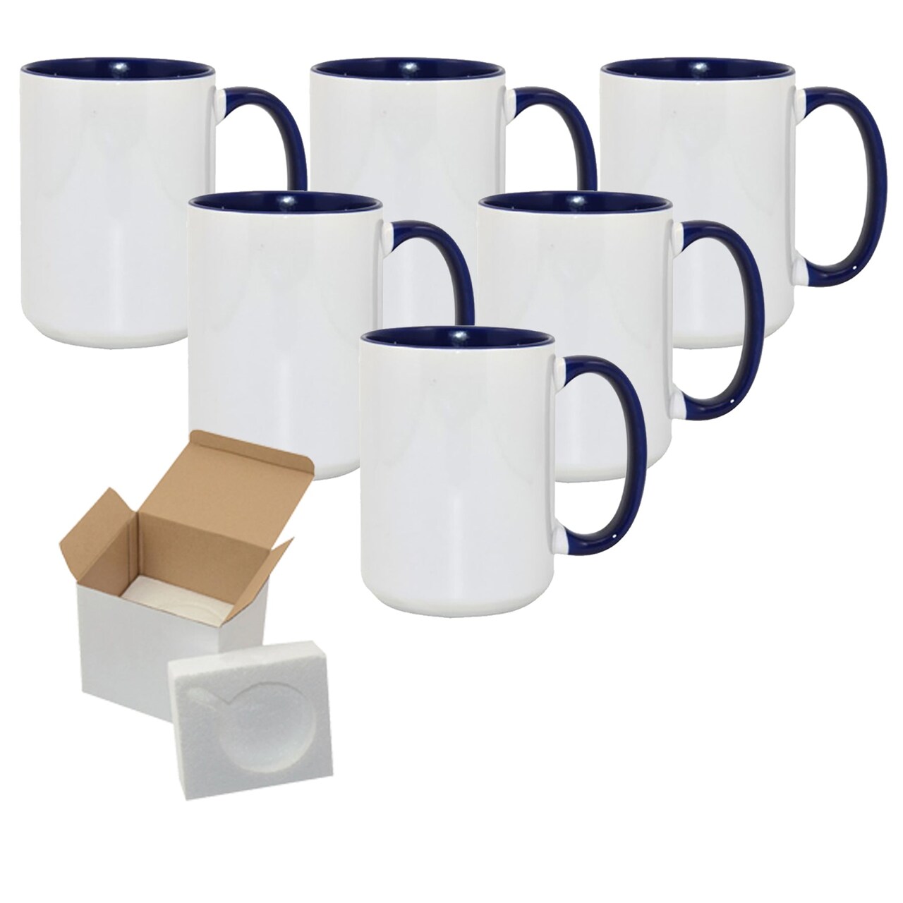 6 Pcs 15OZ El Grande Dark Blue Inside & Handle Sublimation Mugs With Foam Support Boxes